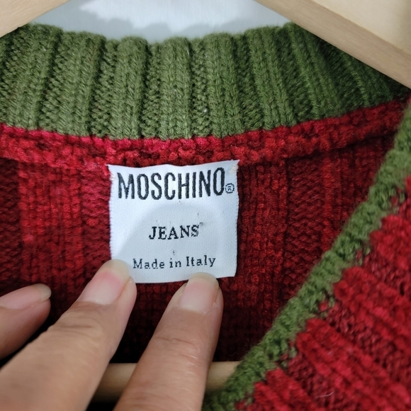 MOSCHINO Jeans Men's Red/Green Stripe Wool Blend Ribbed Knit Sweater Sz M V-neck - Picture 10 of 11